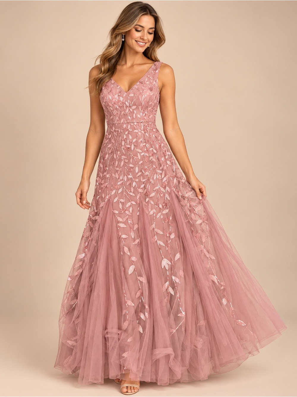 Ever Pretty Dusty Rose V-Neck Embroidered Tulle Maxi Dress